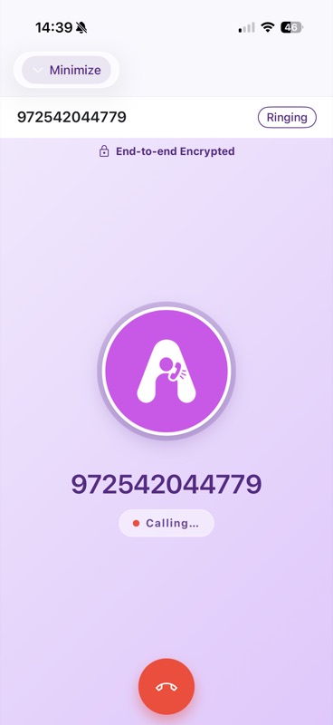 Placing an encrypted call to a phone number, showing Calling and Ringing