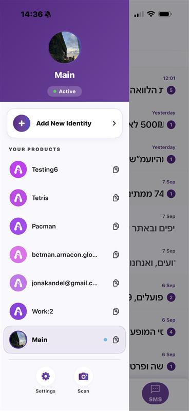 The identity drawer listing several Arnacon products to switch between