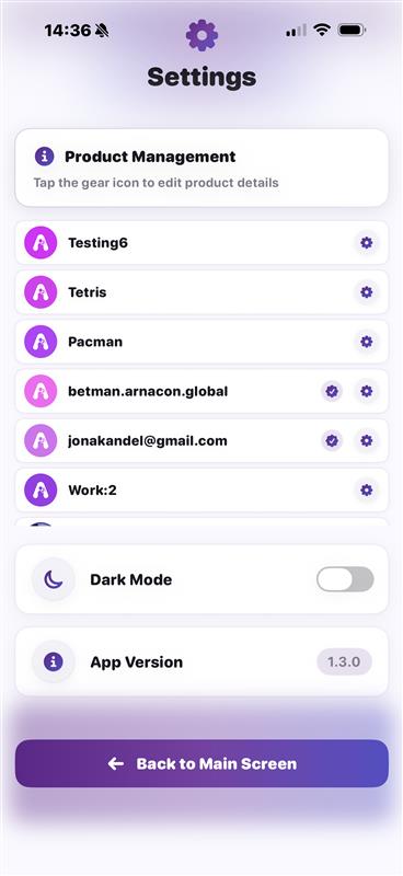 Settings showing product management, dark mode and the app version