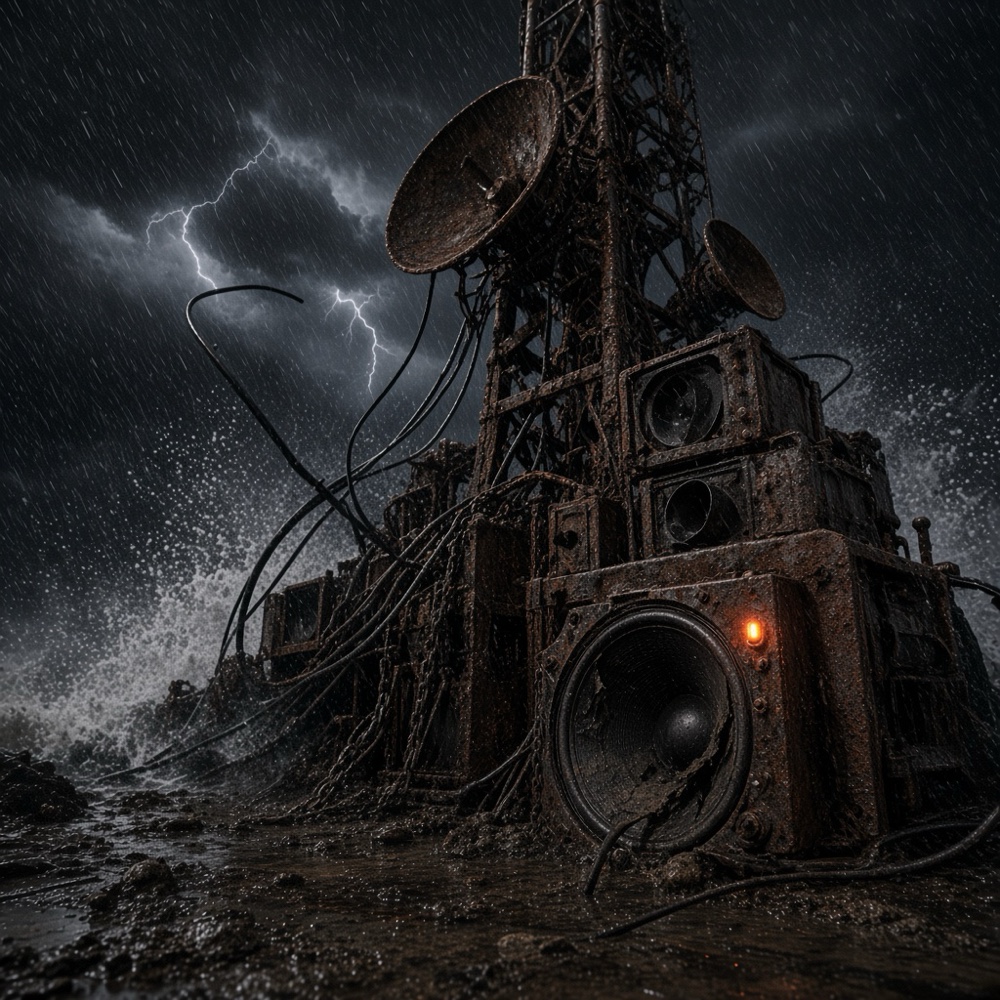 Storm / Saga cover art: a rusted speaker stack and radio mast standing in a coastal storm at night